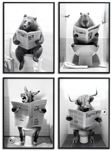 JINZUNRUI JZR Poster Badezimmer Deko Bilder, Schwarz-weiß Bad A4 Wandbilder, Lustige Tier auf WC Toilette Wand Deko, Leinwand Badezimmer Bilder- Ohne Rahmen