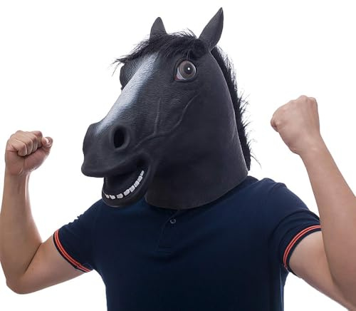PHIEZC Maschera da Cavallo di Halloween in Lattice per Adulti (Nera) - Maschera Animale