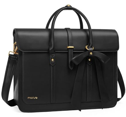 MOSISO Laptopväska för kvinnor, PU-läder, axelväska för bärbar dator, konvertibel ryggsäck, arbetsresa, med rosett, Svart, 17.3 inch