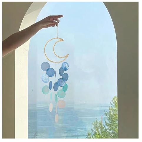 Rockreyoa Muschel Windspiel Wond Capiz Muscheln Windspiele Baumwollseil Gewebt Hängend Ornamente Natürlich Perlmutt Schale Windglocke Girlande Traumfänger für Garten Home Dekoration Blau