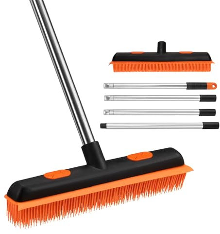 Escoba de goma 2 en 1 con mango largo de 33-64 pulgadas, escoba para quitar pelos con mango largo de 33-64 pulgadas, escoba de pelo de mascotas con escobilla para alfombras, suelos de madera dura,