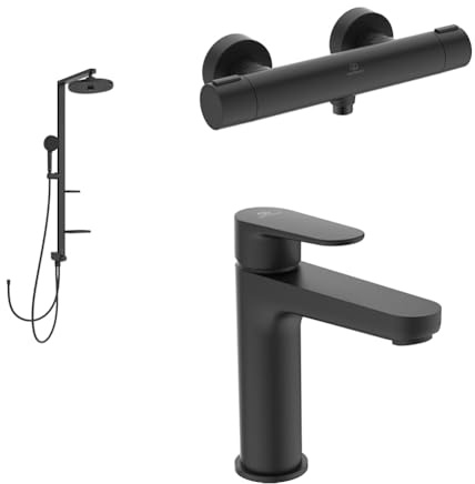 Set aus Ideal Standard BD585XG Alu+ Duschsystem, Schwarz (Silk Black) + BD582XG Alu+ Brausethermostat + BD131XG Cerafine O Waschtischarmatur mit Push-Open Ventil