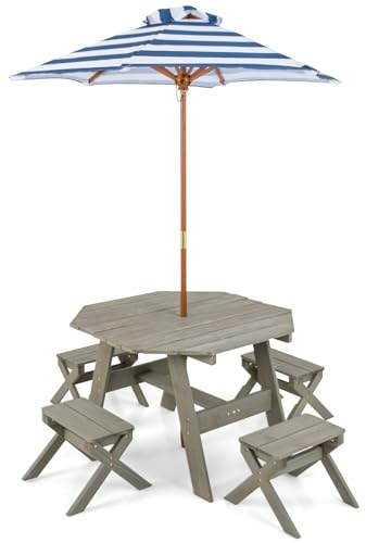 DREAMADE Kindersitzgruppe mit Sonnenschirm, 2 in 1 Kindertisch mit 4 Stühlen aus Holz, Picknicktisch mit höhenverstellbarem Schirm für 4 Kinder, Kinder Gartenmöbel für Indoor & Outdoor (Grau)