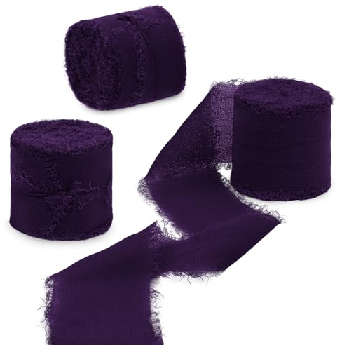 Uiopa 3 Rollen Chiffonband, Schleifenband Dunkelviolett 4cm x 15m Geschenkband Hochzeit, Fransenband Dekoband Stoffband für Geschenk, Basteln, Brautstrauß, Tisch-Deko, DIY Handwerk