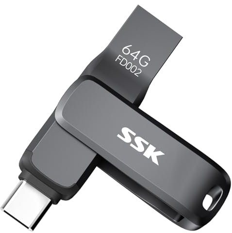 SSK 64GB USB 3.2 Thumb Drive, Up to 200 MB/S Read Speed Memory Stick, Dual USB Flash Drive with USB Type-C and USB A,Robust Black Metal Pen Drive for Smartphones, Tablets, MacOS,computers,Car, TV
