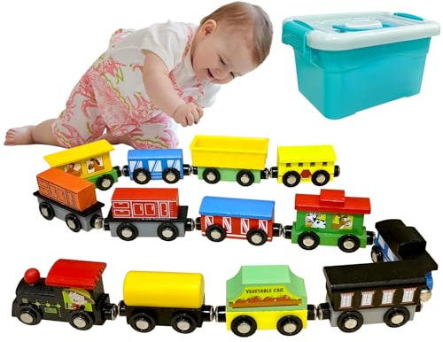 ALEENFOON 13 Stück Magnetisches Holzeisenbahn Set, Lokomotiven Holzzug Montessori Magnetzug Set Kinder Holzspielzeug Magnetisch Holzzug Spielzeug Geschenk für Jungen Mädchen