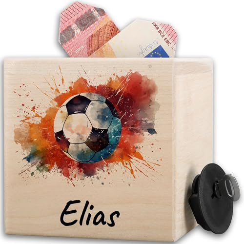 Holz Spardose Junge Fußball | Fußballer Spardose | Geldgeschenke Fußball Trainer - 10x10cm - Holz - sparbüchse Fussball Geschenkideen für fußballtrainer Football fussballtrainer sparschwein
