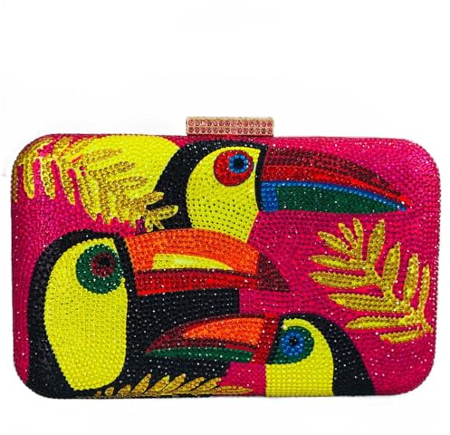 Boutique De FGG Mini pochette en cristal avec oiseau toucan pour femme, sac à main minaudière de soirée, pochette de fête avec strass, fuchsia, Small