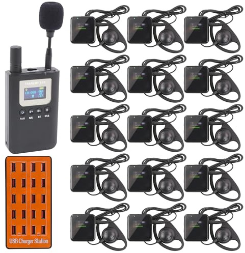 Wireless Tour Guide System, Tour Guide Microphone and Speaker Tour Guide Headsets, 1 Transmitter 15 Receivers, Translation Headsets System 328 feet for Training Church Teach