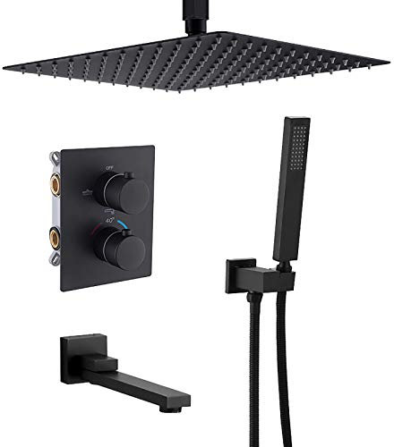 Système de douche à effet de pluie, ensemble combiné de douche thermostatique, robinet de douche monté au plafond noir avec pomme de douche en acier inoxydable, douchette à main, robinet de baignoire,
