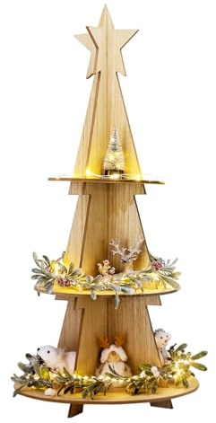 Mojawo 3-stöckige Holz Weihnachts Etagere Natur Servierregal Servierregal Ständer Teller Etagere Weihnachtsdeko Ø29xH60cm