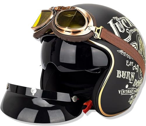 Adulti Caschi Jet Vintage, Retrò Stile Casco Con Visière,Omologato ECE/DOT Scooter Street Casco,Guscio In ABS,Estivo Moto Aperto Mezzo Casco,Casco A Crash Per Uomo Donna B,XL