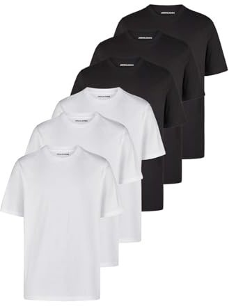 JACK & JONES Maglietta da uomo, basic, vestibilità normale, JACJEANS, scollo rotondo, a maniche corte, estive, colore nero, bianco, S, M, L, XL, XXL, 3XL, 3 x nero e 3 x bianco (12284978), M