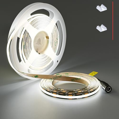 TOPAI LED-tejp COB 12 V, vit, 5 000K, PCB svart, 5 meter 480 LED/M, 4 000 Lm CRI>90, självhäftande, flexibel och kan skäras till, för kök, skåpbelysning, vardagsrum, inomhus