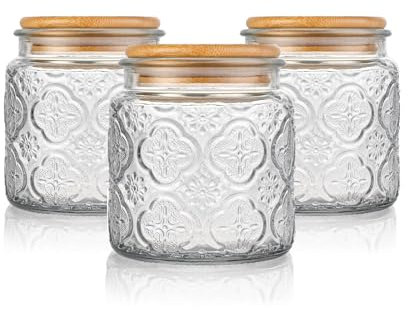 Eidoct [3-Pack Stackable Glass Canisters Set] Coffee Tea Sugar Spices Storage Jars with Airtight Wooden Lids, 500ml Begonia Floral Design Kitchen Pantry Containers (Begonia Finish)