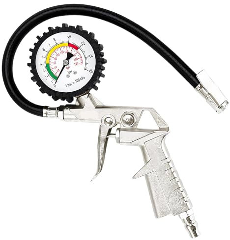 Pistola Infladora de Neumáticos con Medidor de Presión 220 PSI – Manómetro Preciso, Rango 0–16 Bar, Cuerpo Metálico, Manguera de Aire 35cm, Ideal para Coche, Moto, Camión y Bicicleta, Plata