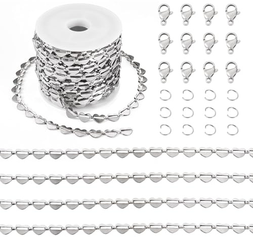 FASHEWELRY 5 m hjärtkedja i rostfritt stål osvetsade ringar med karbinhake och skarvring för gör-det-själv-kit för smyckestillverkning armband halsband