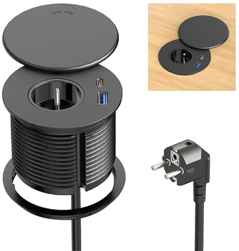 Sewingvr Prise encastrable réglementaire avec USB-C PD 20W et USB-A, Multiprise encastrable avec Couvercle, Câble 2 m, Ø80 mm,Noire