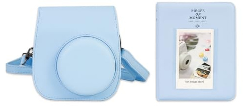 Frankmate Étui pour appareil photo compatible avec Fujifilm Instax Mini 12 11 9 8, en cuir synthétique, avec 64 poches, album photo et bandoulière réglable, Bleu pastel, Poches pour appareil photo