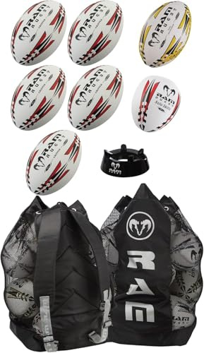 Ram Rugby Set di palline da allenamento, misura 5/4/3, con presa 3D e cucito a mano, con supporto per palla e borsa per il trasporto