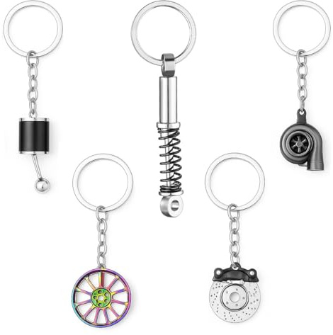OIXEYA 5 Stück Autoteile Schlüsselanhänger, Metall Auto Motorrad Schlüsselanhänger, Turbolader Keychain, Schalthebel Schlüsselanhänger, für Jungs, Geburtstagsgeschenk Kreatives Auto-Styling