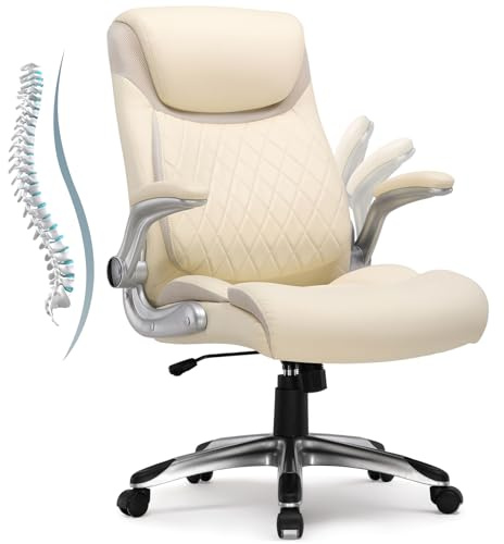COMHOMA Chaise de Bureau Ergonomique,Fauteuil avec Accoudoirs Pliables et Dossier Haut, Fonction Bascule, Fauteuil de Direction Réglable en Hauteur，Cuir résistant aux Rayures，Blanc