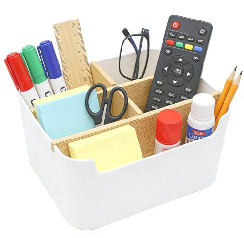 Tbintul 5 Fächer Bambus Aufbewahrungsbox Schreibtisch Organizer für Stifte, Kosmetika, Haftnotizen Weiß