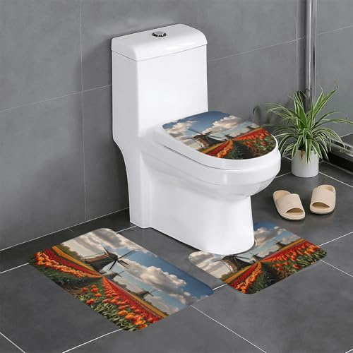 3-teiliges Badezimmer-Antirutschmatten-Set, 61 x 40,6 cm, WHJSHOP Windmühlen und Tulpen Bild, rechteckig, U-förmige und O-förmige Teppiche für WC, Waschtisch und Bad