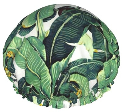 Gorro de ducha con estampado de hojas de plátano tropical para mujer, reutilizable, impermeable, doble capa, con correa elástica, talla única