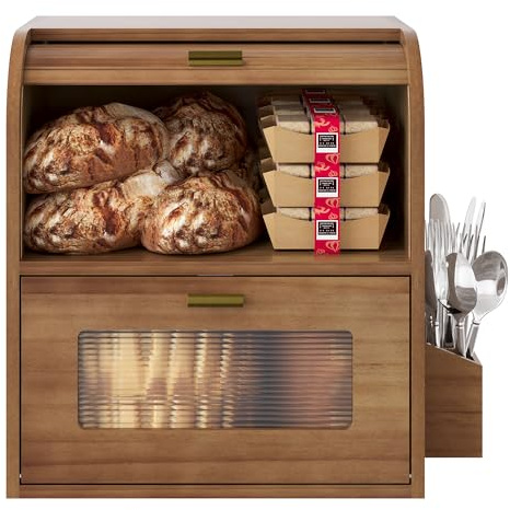 TQVAI Roll Top Bread Box for Kitchen Countertop, Keep Fresh Longer, Easy to Maintenance, Double Layer Vintage Wooden Breadbox with Window for Homemade Bread, Sandwich Loaves, Baked Goods (Retro Brown)