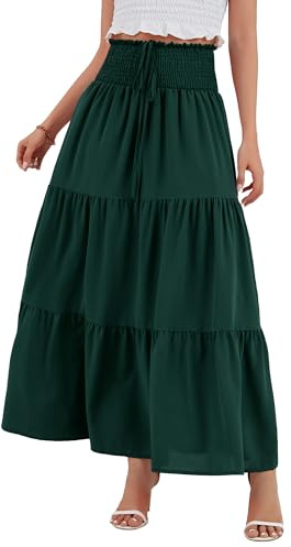 TRIWORKS Green Womens Midi Skirts，Elegant High Waist 2 in 1 Chiffon Beach Skirt，Elastic Boho Tiered Maxi Skirt S