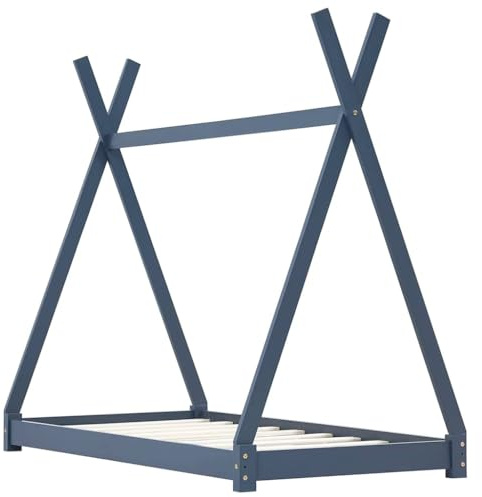Kinder-Bettgestell Grau Massivholz Kiefer 90 x 200 cm mit Lattenrost, stabiles Kinderbett mit Tipi-Crossover-Gestell, geeignet für Kinderzimmer und Juniorbett Nutzung