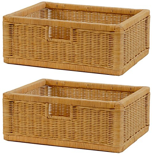 korb.outlet Set / 2 Regalkorb Honig ca. 43x32x17,5 mit Holzrahmen Rattan Schubfach Box zur Aufbewahrung Schrankkorb Griff