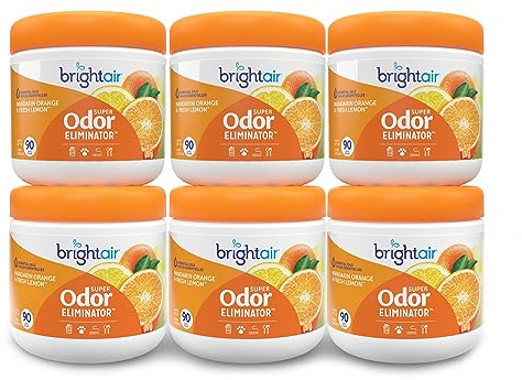 Bright Air 14 oz. Super Odor Eliminator, For Medium-Size Spaces, Mandarin Orange and Fresh Lemon Scent, Case of 6, Air Freshener, Natural Essential Oils, Lasts Up to 90 Days Each
