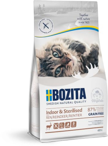 Bozita Indoor & Sterilised Nourriture sèche pour Chat avec Renne – 400 g – Nourriture pour Chat stérilisé – 33% de protéines, 14% de matières Grasses – sans OGM, Aliment Complet