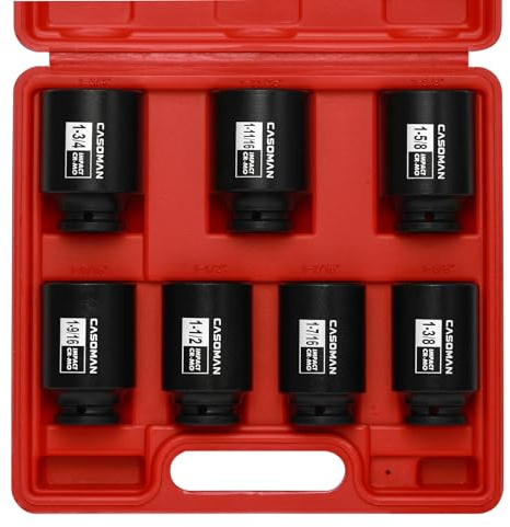 CASOMAN 1/2-Inch Drive Deep Spindle Axle Nut Impact Socket Set, Inch, Cr-Mo, 6-Point, 1-3/8-Inch - 1-3/4-Inch, 7 Piece Axle Socket Set