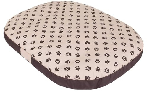 millybo OVAL Hundematratze, Hundebett für Kleine, Mittlere, Große Hunde - Robustes, wasserdichtes Hundekissen, kuscheliges Schaum Tierbett, Outdoor & waschbar - 87x68x15cm Beige mit Pfötchen