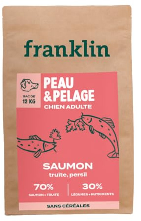 Franklin – Croquettes pour Chien – Gamme Protéinée – avec 70% de Saumon – Mono-protéine – sans Céréales – Peau et Pelage – Forme Triangle 11mm – 12 kg