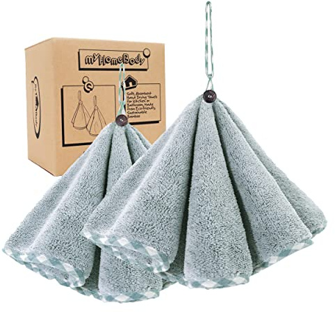 myHomeBody Handtücher für Badezimmer, Küchenhandtücher mit Aufhängeschlaufe, Weiche, saugfähige Kohlefaser-Rundhandtücher mit Kokosnussschalenknopf zum Aufhängen, Set of 2 Pine Green Towels | Küchentücher zum Aufhängen, saugfähige Kohlefaser, Reinigungskleidung mit Kokosnussschalen-Knopf für Küche, runde Form