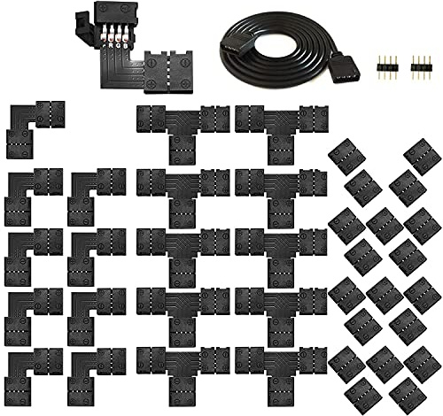 LED-Anschluss - LED-Streifen 4 Pins RGB-Anschluss mit L-Form, T-Form, lückenlose 4-Pin-Anschlüsse, 2 m Verlängerungskabel für 10 mm Breite 5050 RGB-Streifen-Licht Lötfreie LED-Adapter-Lichtanschlüsse