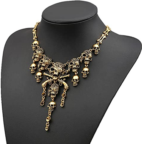 Dan&Dre Collier d'os de squelette d'Halloween Vintage, Collier en alliage de crâne multicouche, Pour Les Femmes bijoux Pirate Cosplay déguisement Accessoire de déguisement