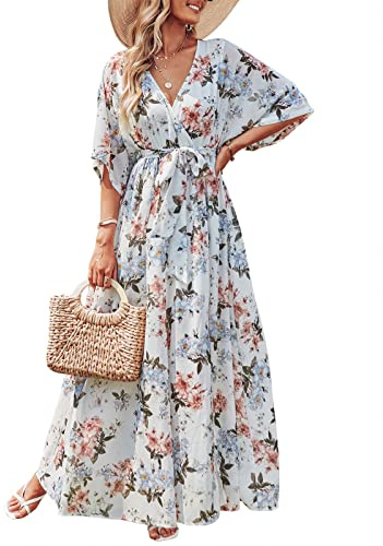ANRABESS Womens 1/2 Sleeve Beach Wedding Guest Maxi Dresses 2025 Fall Wrap V Neck Boho Floral Flowy Slit Long Summer Dresses White Flor X-Large