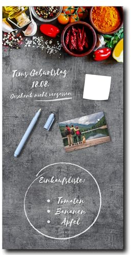 Memoboard Grey Spices L 30 x 60 cm | Magnettafel aus Glas zum beschriften hochkant | Optimal geeignet für Küche und Esszimmer als funktionaler Eyecatcher | Gewürze Paprika Öl Kräuter grau bunt