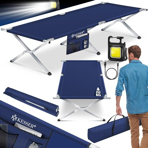 KESSER® Campingbett Klappbett mit Tragetasche, Seitentasche & Campinglicht | Stabiles Feldbett 210x73x45cm bis 150 kg Belastbar Metallrohr | 600D Oxfordgewebe Tragbar Liege Reise Bequem | Navyblau