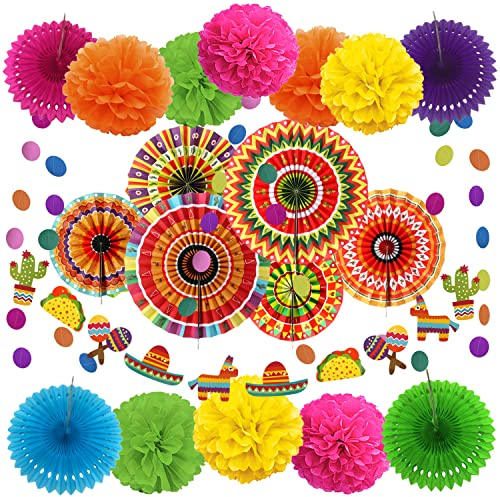 ZERODECO Decorazioni per feste messicane, 21 ventagli di carta messicana multicolore, pompon fiori per festa messicana Cinco De Mayo Taco a tema taco forniture per feste di compleanno