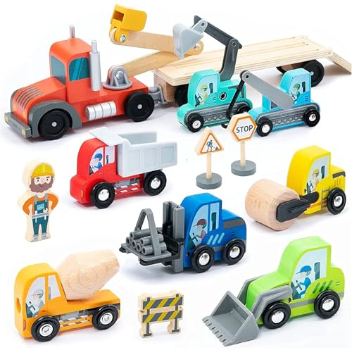 UMU® Set di giochi per veicoli da costruzione in legno per bambini, compatibile con i set ferroviari Brio World e altre marche, giocattolo contiene escavatore, gru, rullo e altro, set da 14 pezzi per