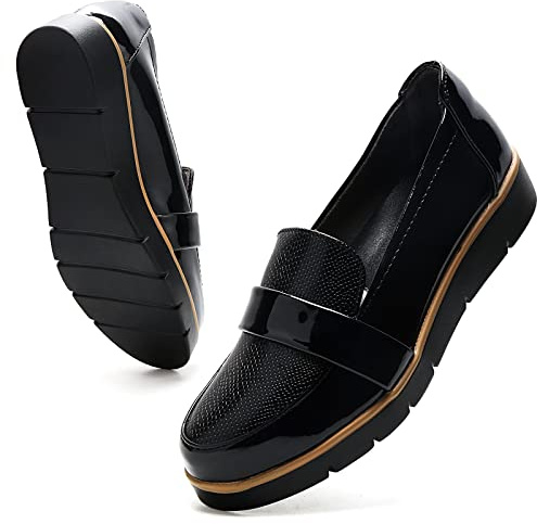Slip On Shoes for Women Loafers Patent Leather Arch Support Memory Foam Non-Slip Comfort Business Office Dressy Work Shoes Black US 9