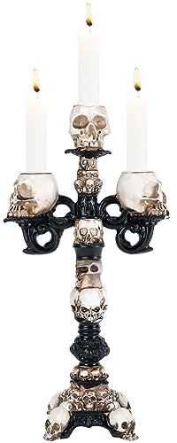 kerzenständer Schwarz, Halloween Statue Kerzenständer Stabkerzen mit 3-Arme, Gothic Totenkopf Harz Ornamente Deko, Totenkopf Lampe Vintage Tisch Deko für Wohnzimmer, Schlafzimmer, Küche (3-Arme)