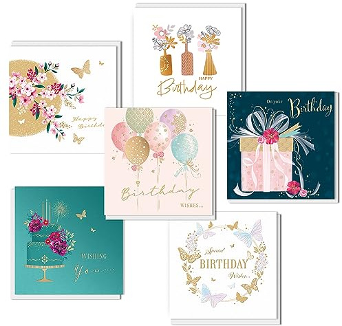 Piccadilly gratulationspaket med blandade födelsedagskort multipack för kvinnor | 6-pack | 16 x 16 cm | Innehåller 6 mönster, med vita kuvert, lämpliga för alla tillfällen