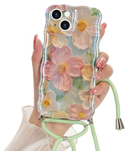 Micoden Coque pour iPhone 15 en Silicone TPU avec Collier Réglable avec Cadre Ondulé Bouclé/Fleur colorée Florale Mignon Case Antichoc avec Cordon Tour de Cou Lanière en Corde pour iPhone 15,Vert